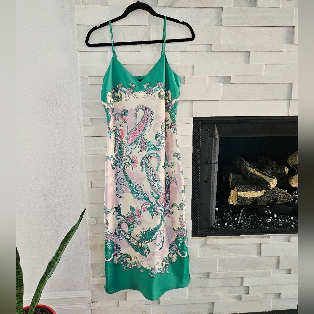 Gianni Bini Green Paisley Slip Dress with Pink and Cream Accents